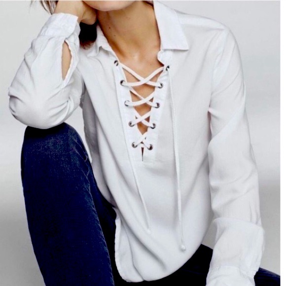 Anthropologie Cloth & Stone Natural Indigo shabori tie dye Lace-Up Henley Blouse - Picture 6 of 16